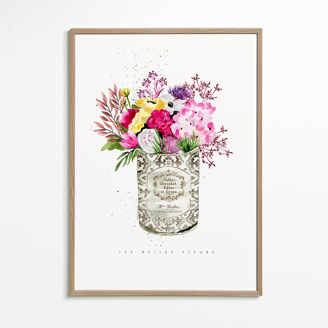 Plakat botaniczny w retro puszce z bukietem akwarelowym