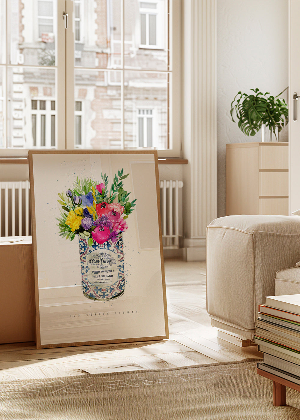 Plakat botaniczny w vintage puszce z bukietem akwarelowym