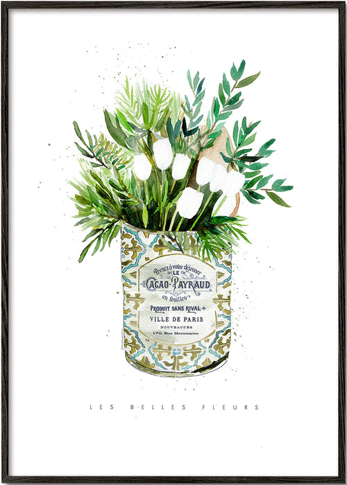 Plakat botaniczny białe tulipany w vintage puszce
