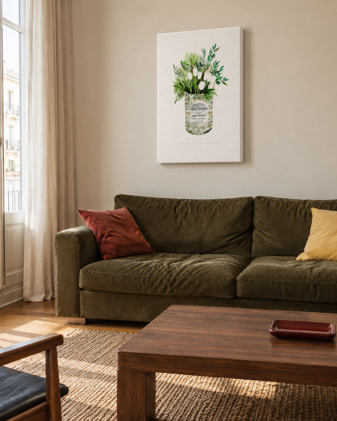 White Tulips Vintage Can - Unframed canvas in an interior