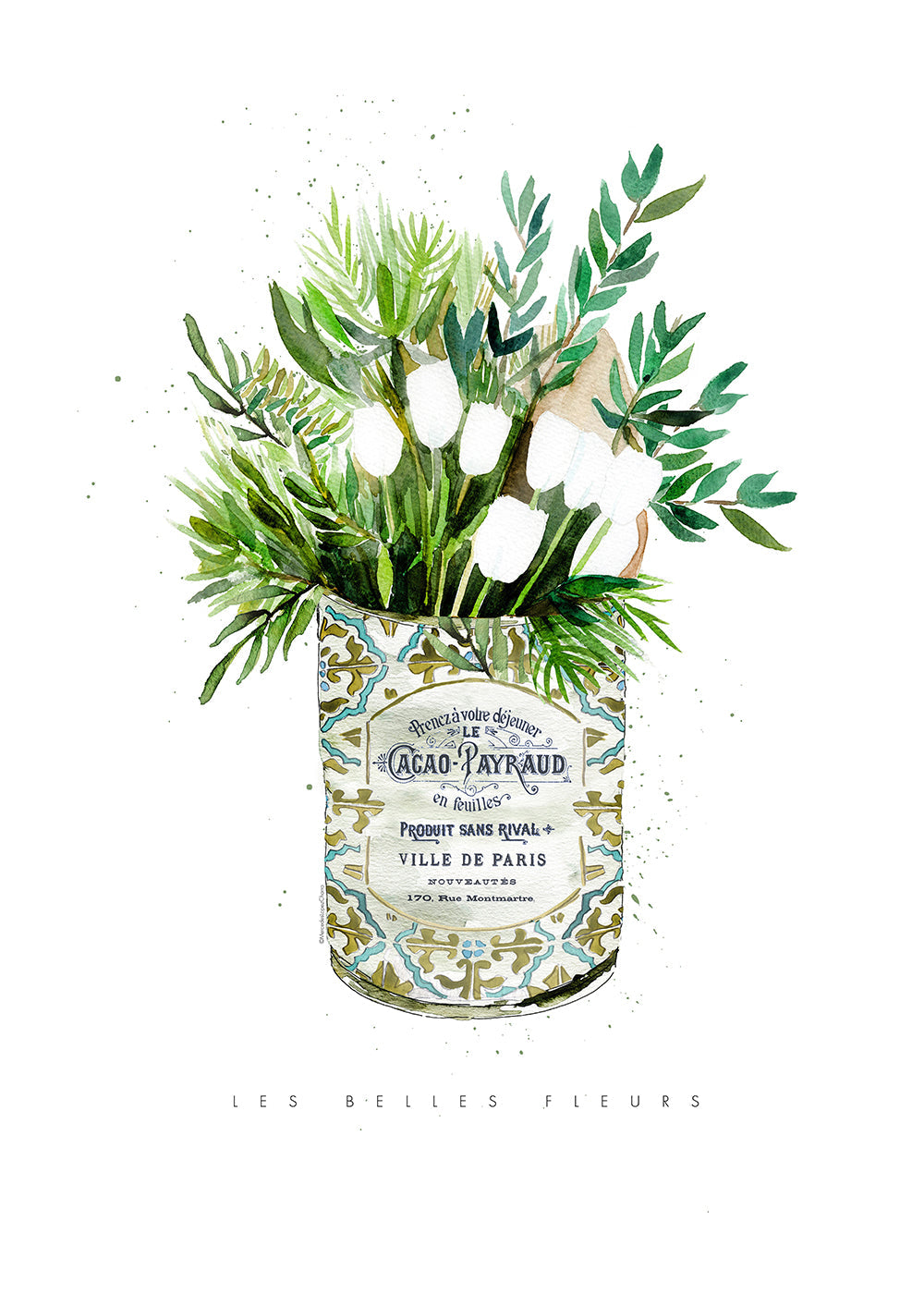 Plakat botaniczny białe tulipany w vintage puszce