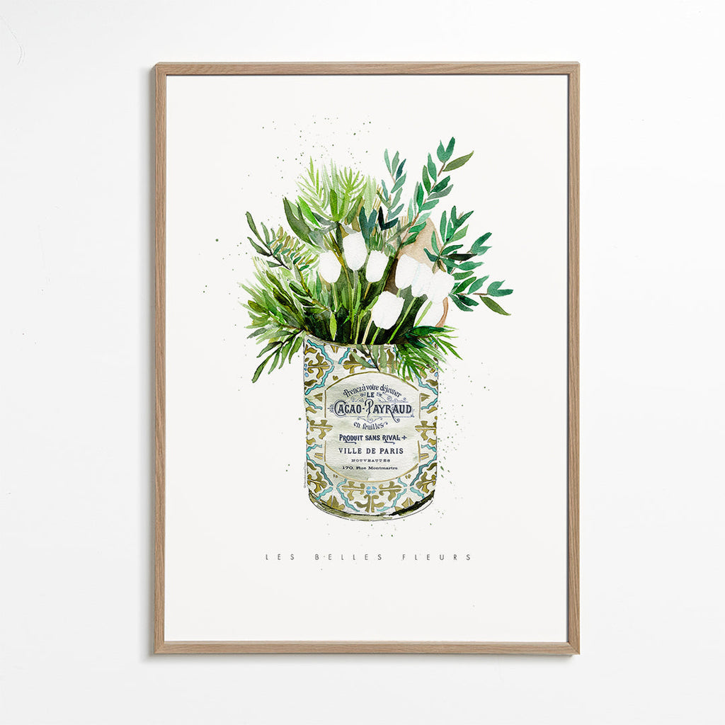 Plakat botaniczny białe tulipany w vintage puszce