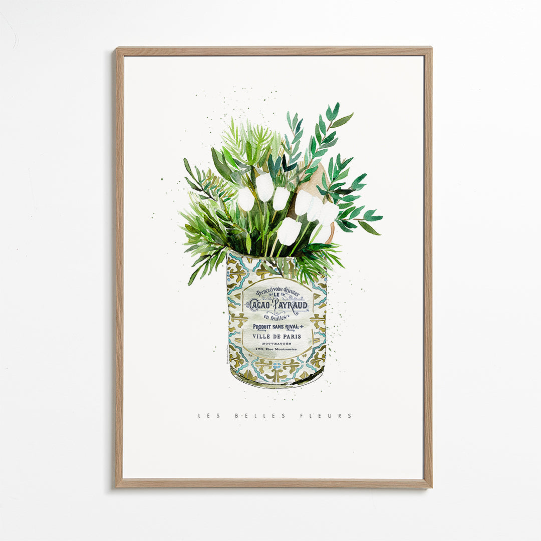 Plakat botaniczny białe tulipany w vintage puszce