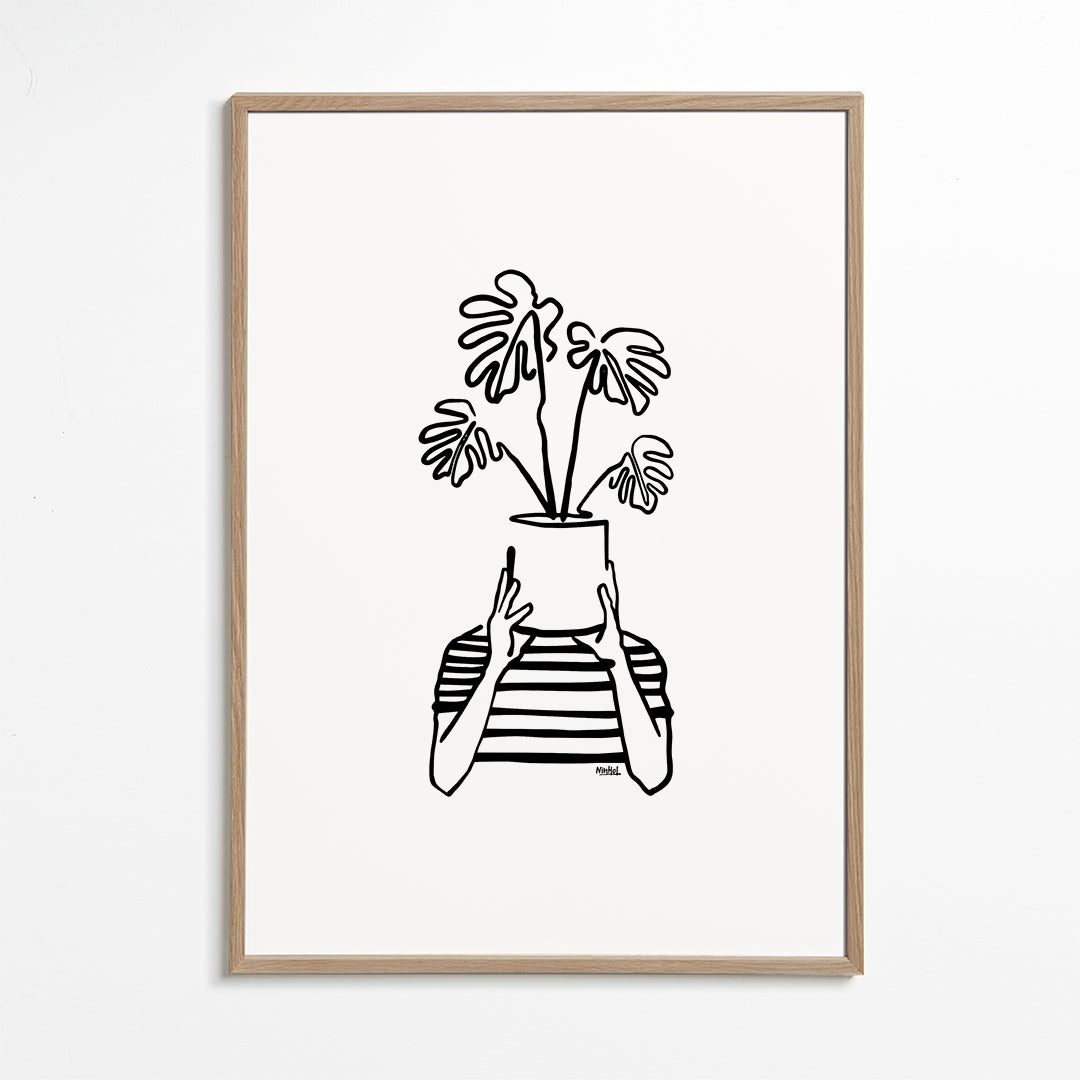 Plakat botaniczny z donicą zasłaniającą twarz