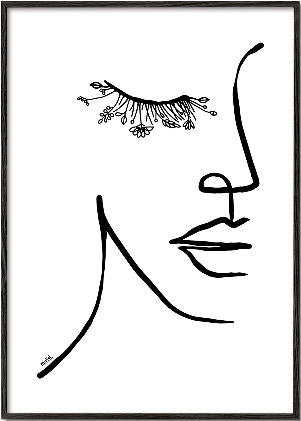 Minimalistyczna ilustracja twarzy z kwiatową rzęsą