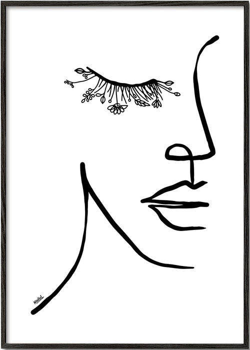Minimalistyczna ilustracja twarzy z kwiatową rzęsą
