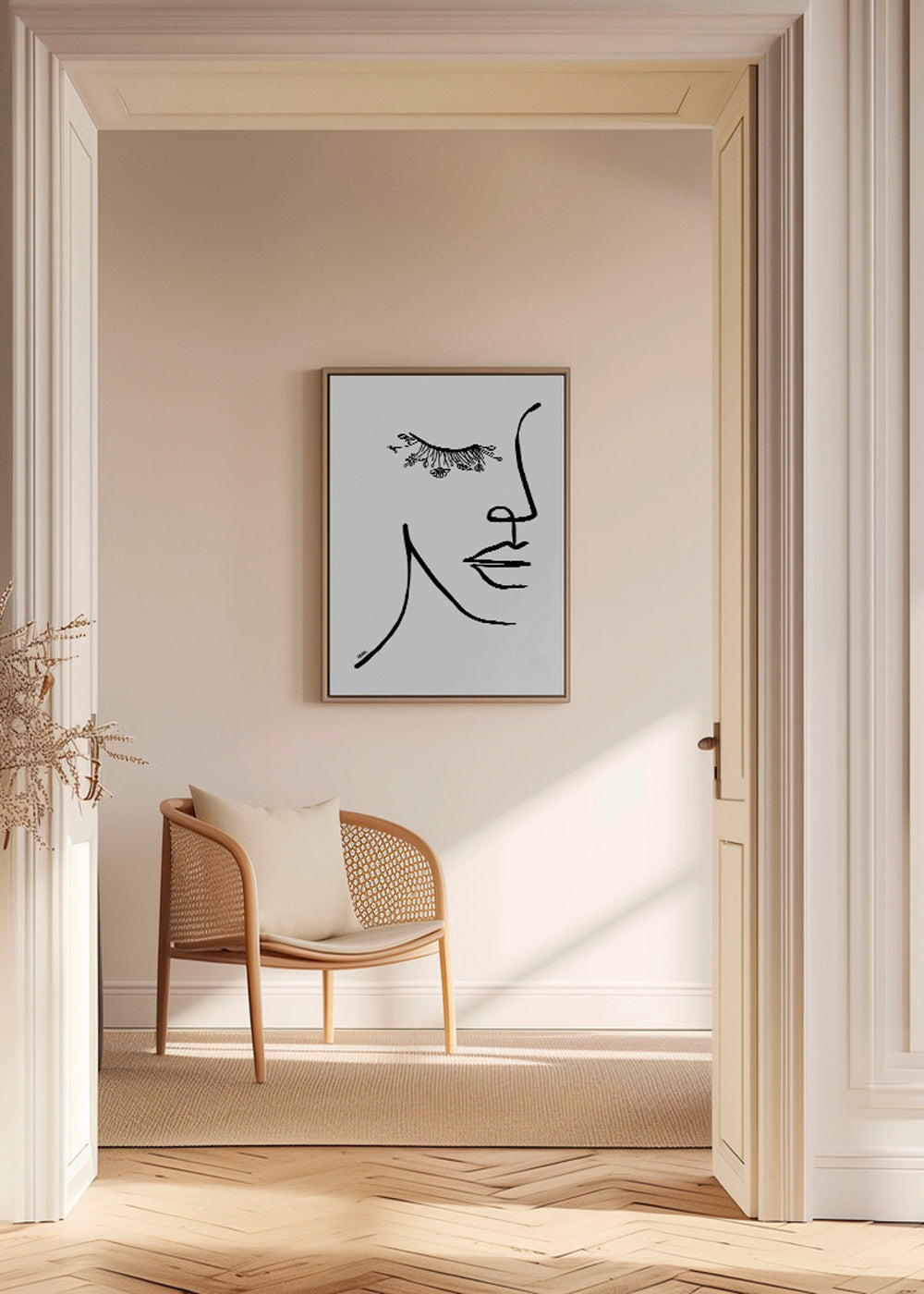 Minimalistyczna ilustracja twarzy z kwiatową rzęsą