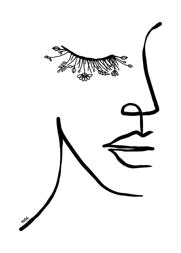 Minimalistyczna ilustracja twarzy z kwiatową rzęsą