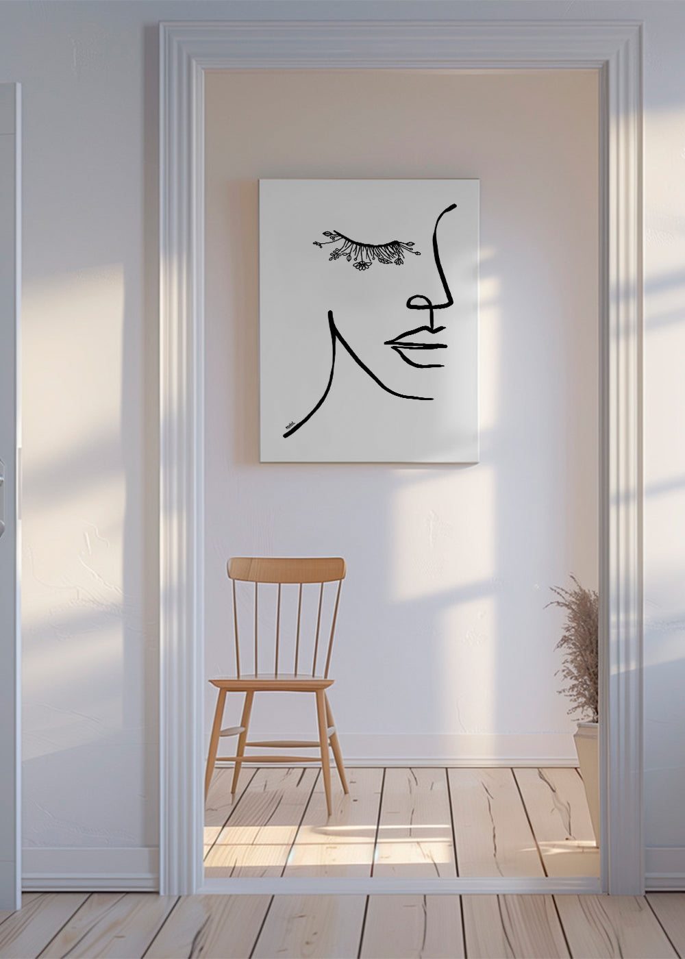 Minimalistyczna ilustracja twarzy z kwiatową rzęsą