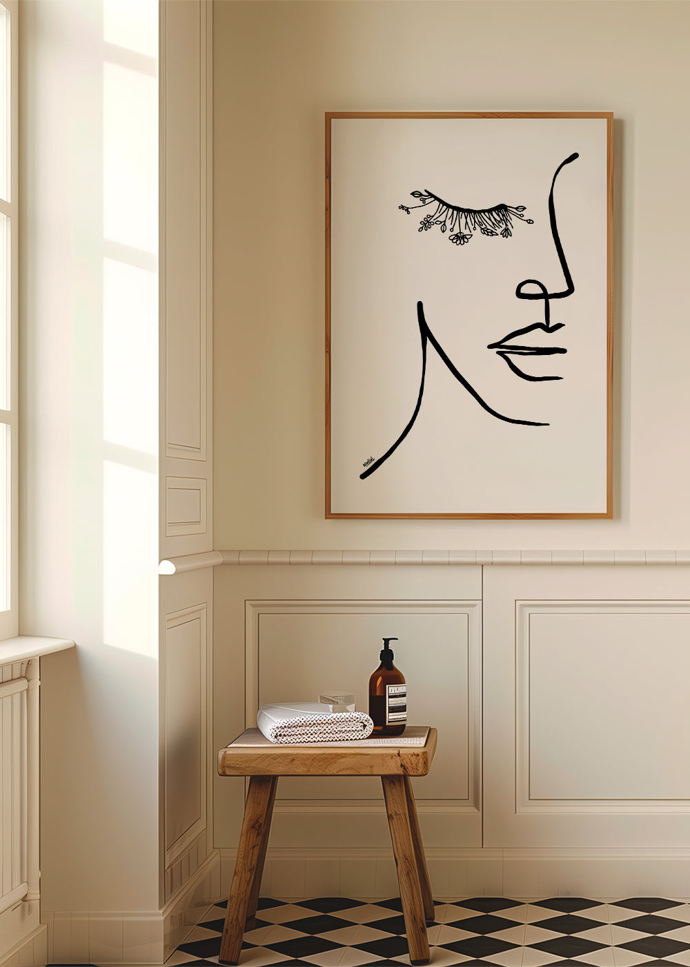 Minimalistyczna ilustracja twarzy z kwiatową rzęsą