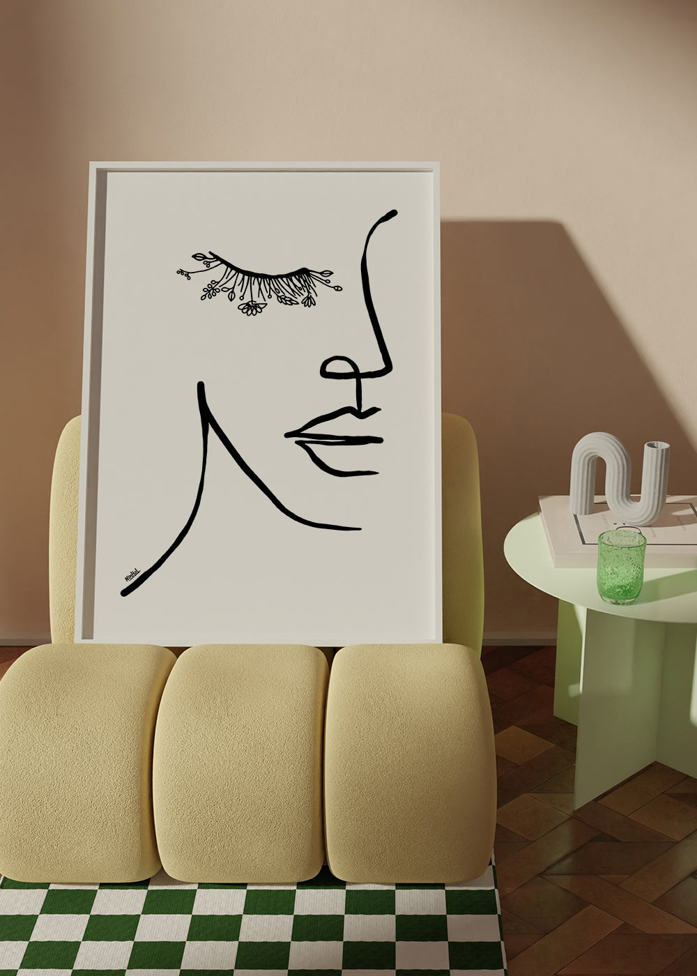 Minimalistyczna ilustracja twarzy z kwiatową rzęsą