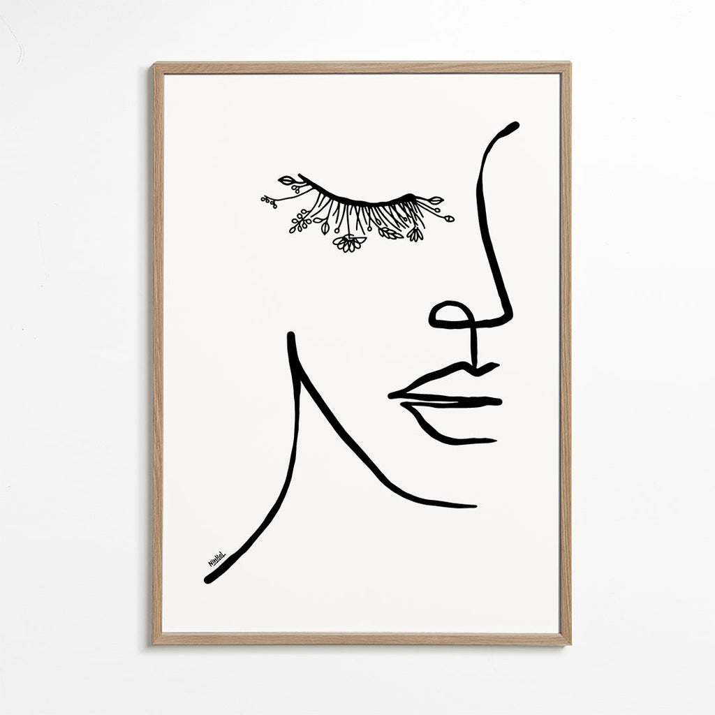 Minimalistyczna ilustracja twarzy z kwiatową rzęsą