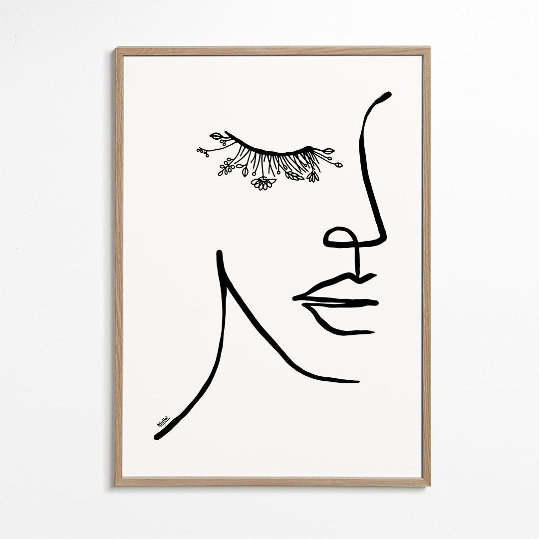 Minimalistyczna ilustracja twarzy z kwiatową rzęsą