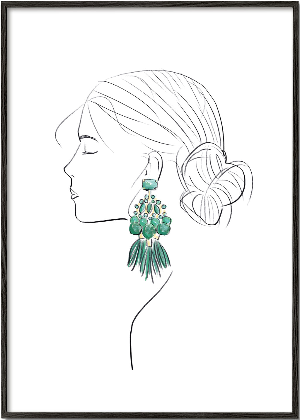 Ilustracja profil kobiety z zielonymi wiszącymi kolczykami