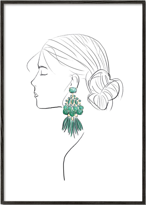 Ilustracja profil kobiety z zielonymi wiszącymi kolczykami