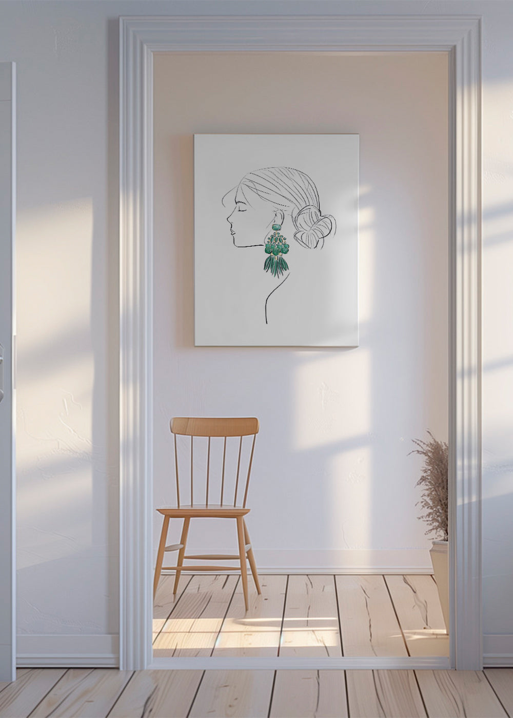 Ilustracja profil kobiety z zielonymi wiszącymi kolczykami
