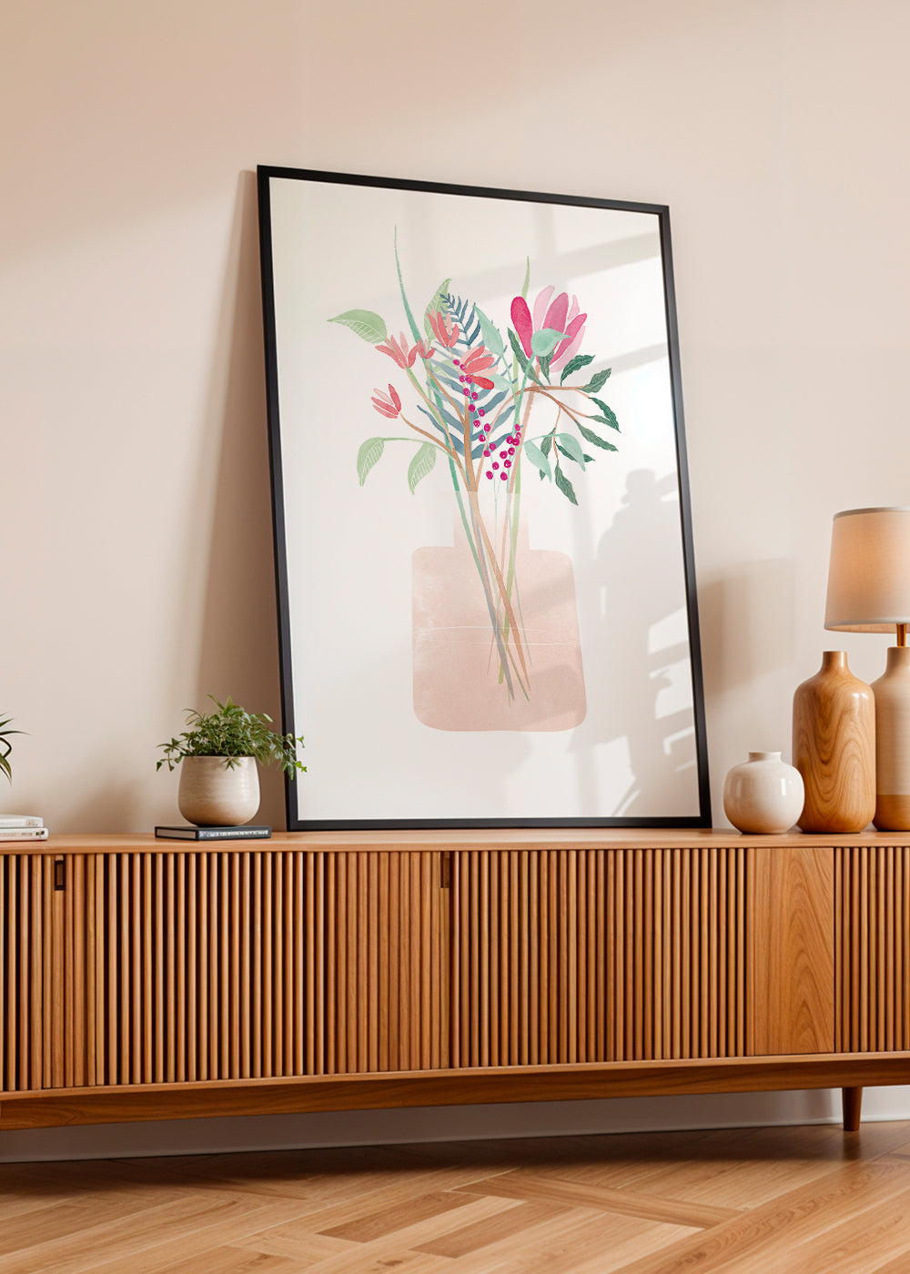 Plakat botaniczny z bukietem w różowym wazonie