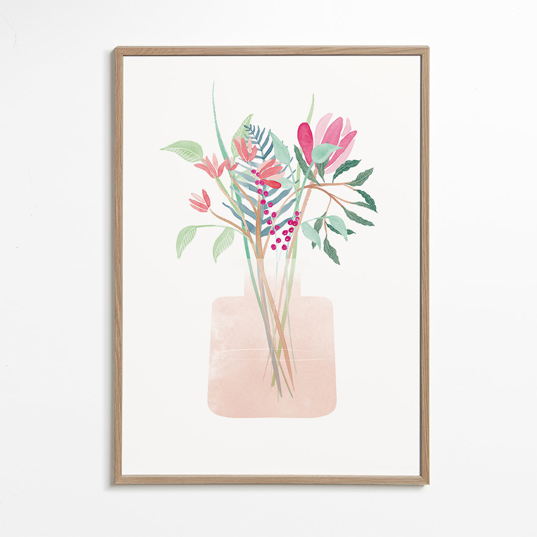 Plakat botaniczny z bukietem w różowym wazonie