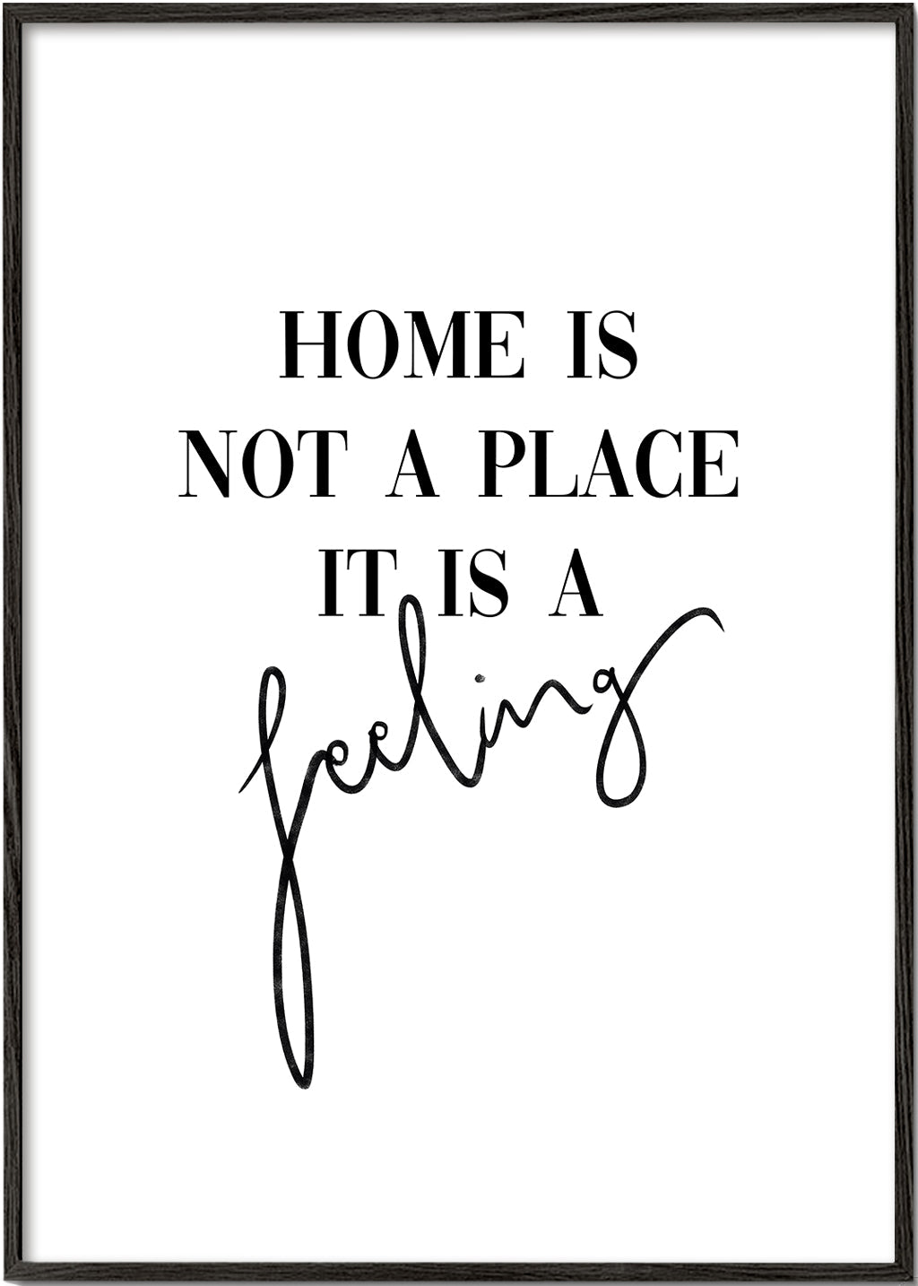 Czarno-biała grafika z cytatem typograficznym "Home is a feeling"