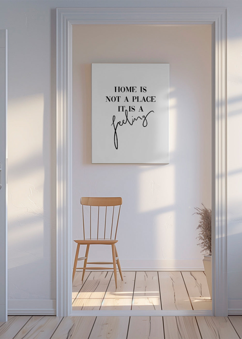Czarno-biała grafika z cytatem typograficznym "Home is a feeling"