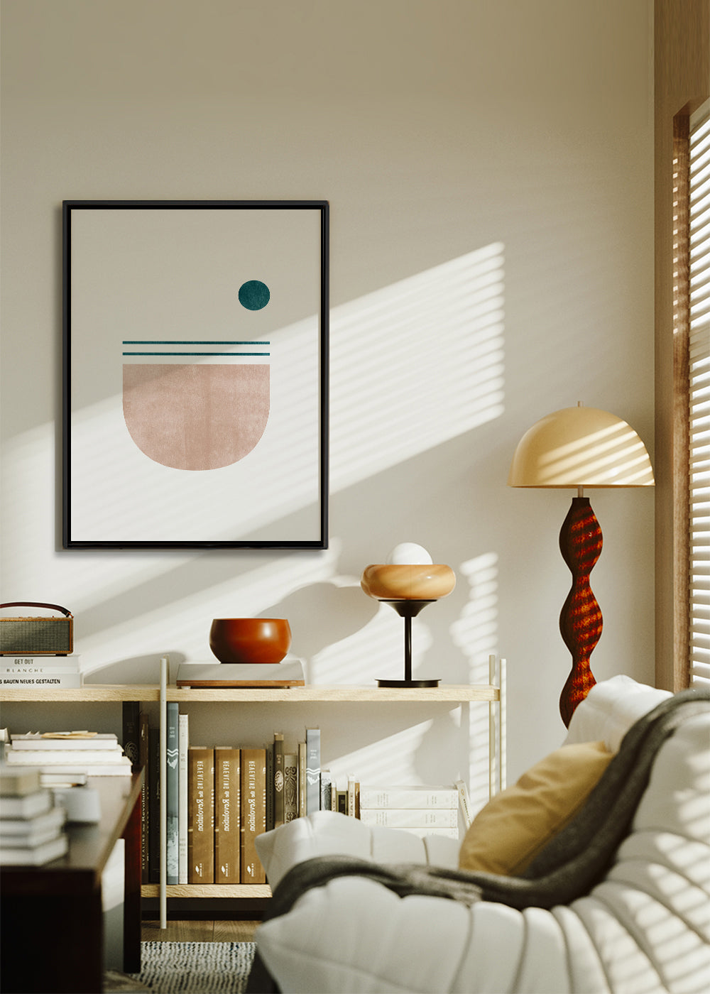 Plakat geometryczny półkole z turkusową kropką