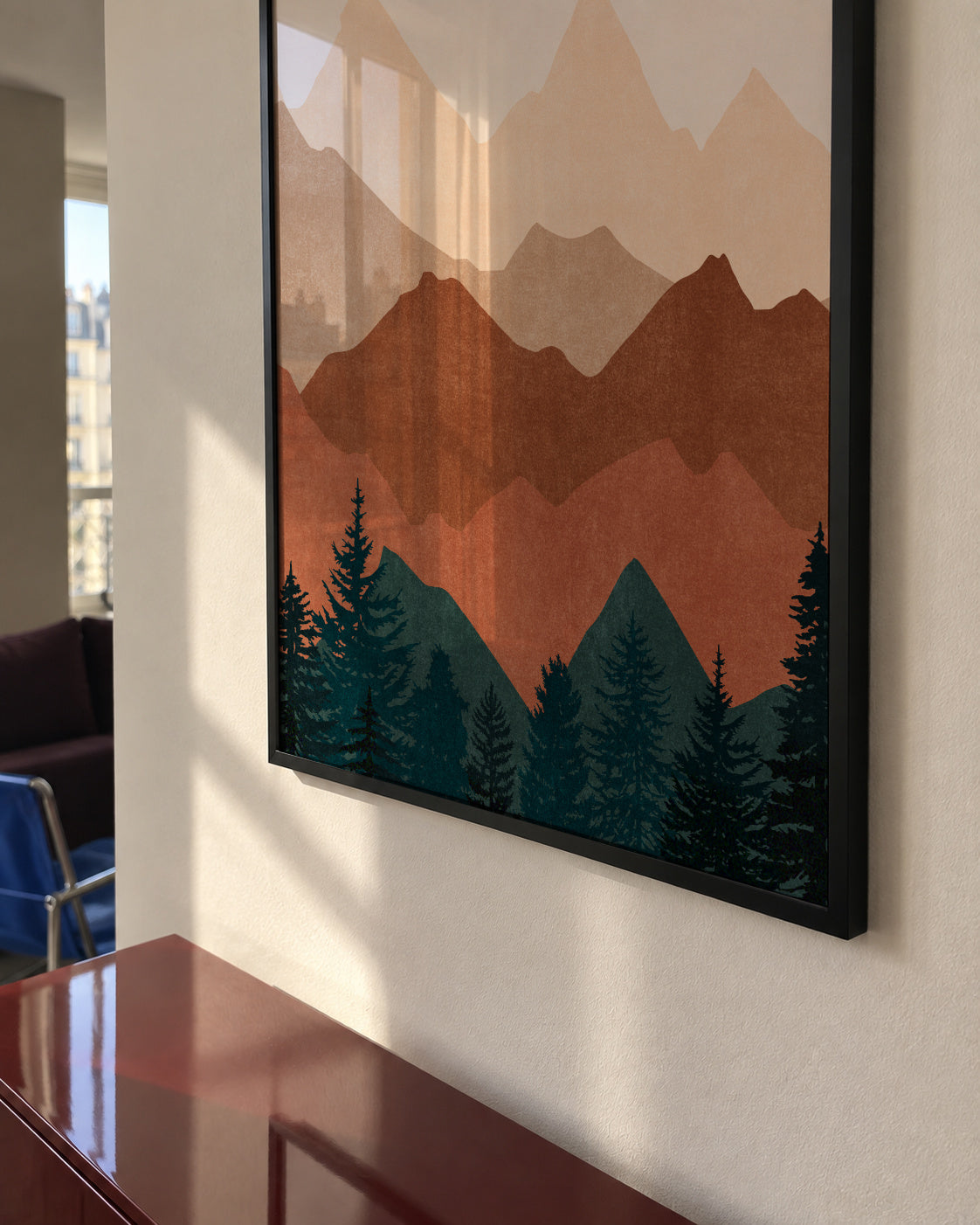 Sunset Peaks 1 - Framed poster in an interior