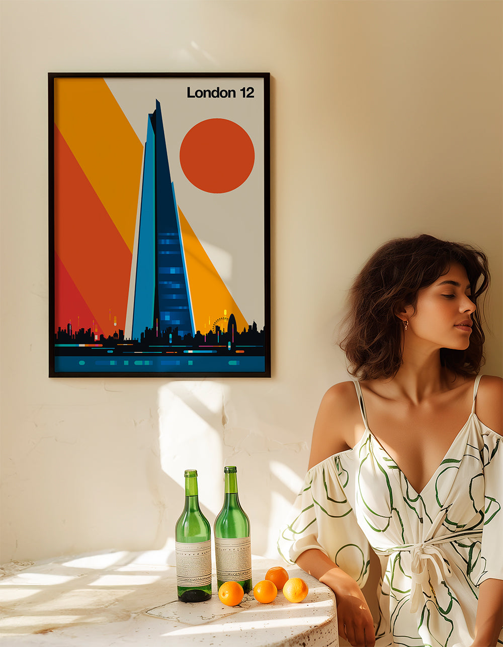 Plakat miasta z niebieskim wieżowcem