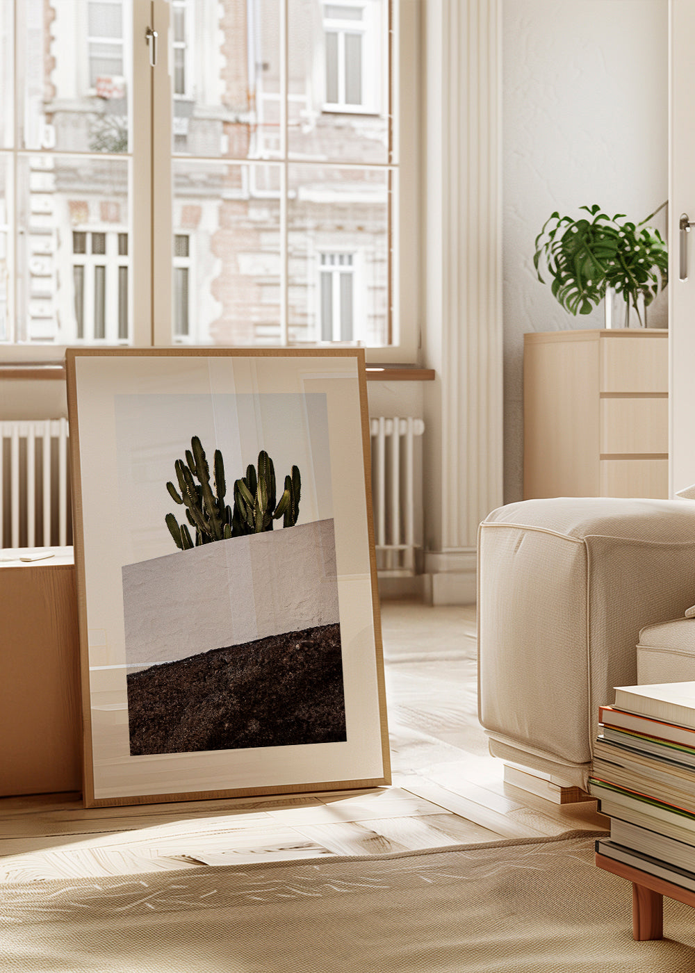 Plakat botaniczny pionowy z kaktusem na ścianie
