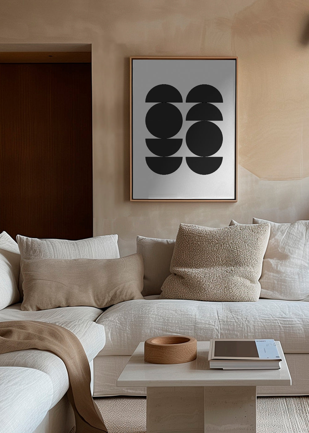Plakat geometryczny minimal z kołami i półksiężycami