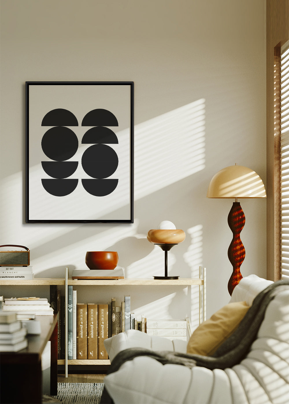 Plakat geometryczny minimal z kołami i półksiężycami
