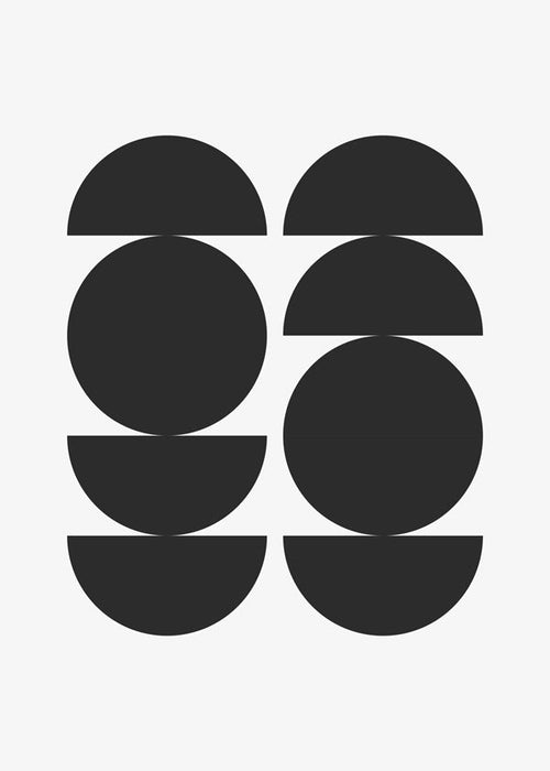 Plakat geometryczny minimal z kołami i półksiężycami
