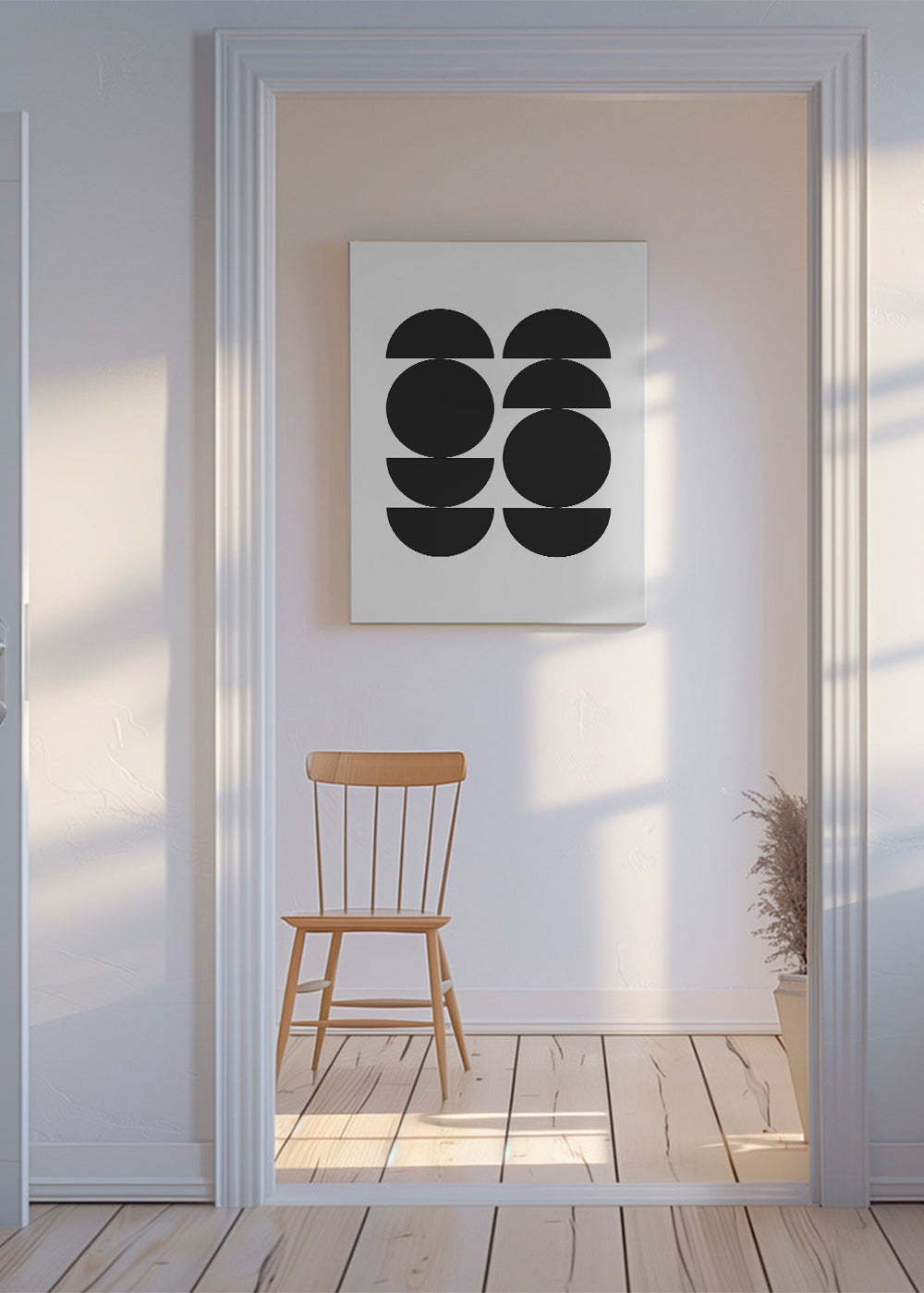 Plakat geometryczny minimal z kołami i półksiężycami
