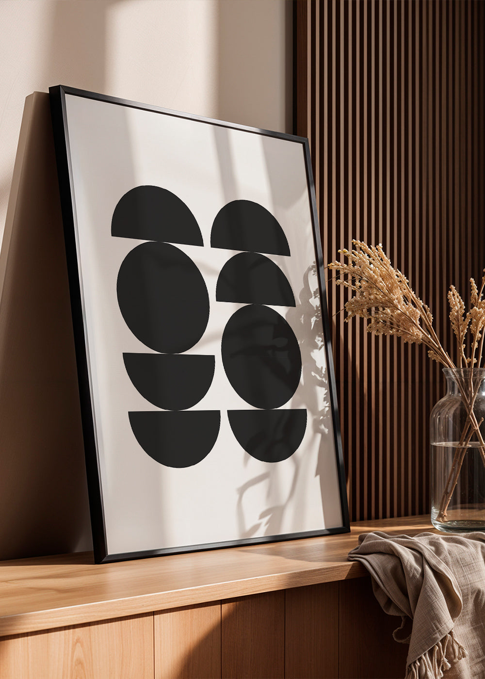 Plakat geometryczny minimal z kołami i półksiężycami