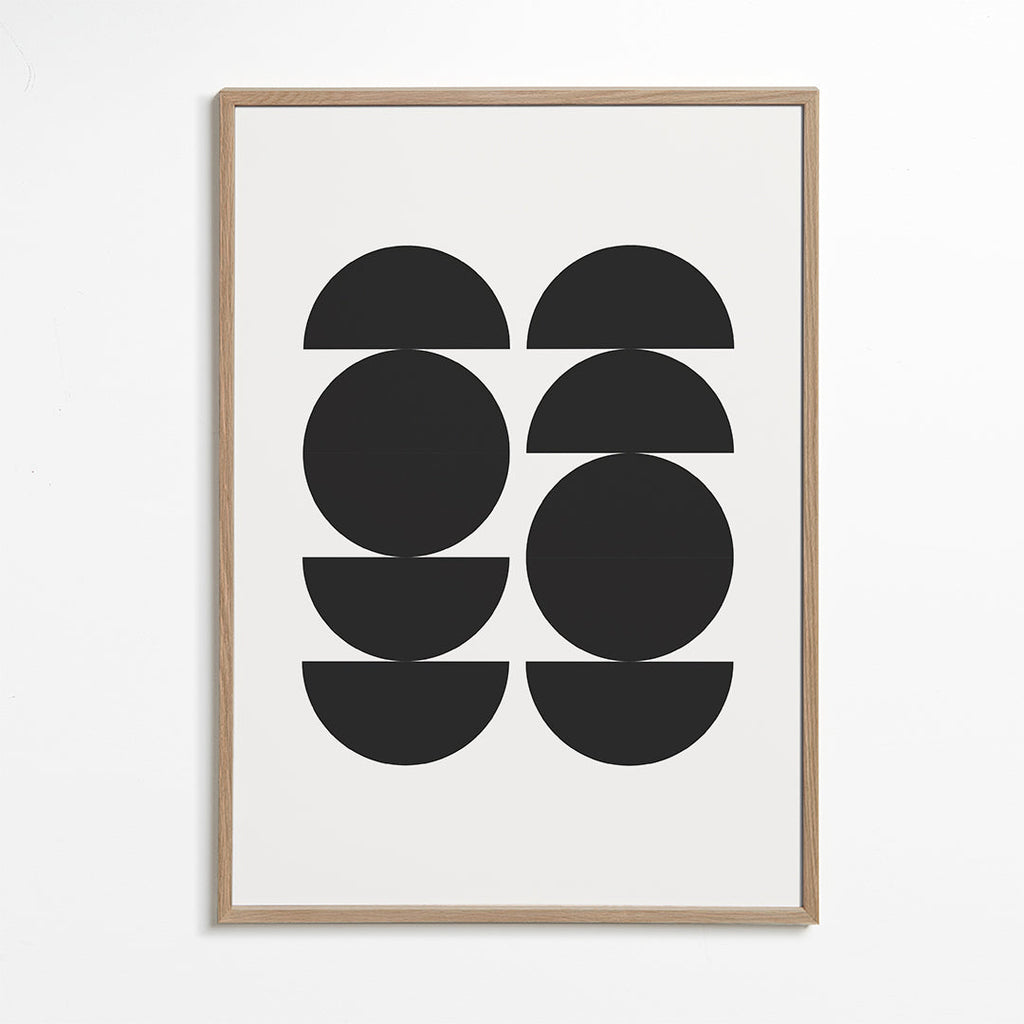 Plakat geometryczny minimal z kołami i półksiężycami