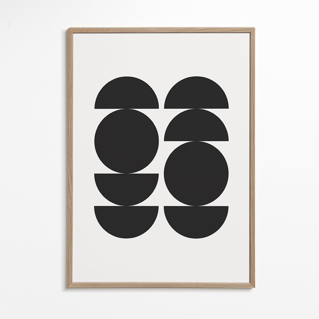 Plakat geometryczny minimal z kołami i półksiężycami