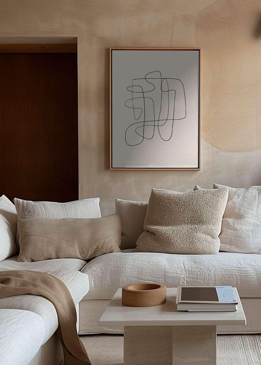 Minimalistyczny design z ciągłą linią na beżowym tle