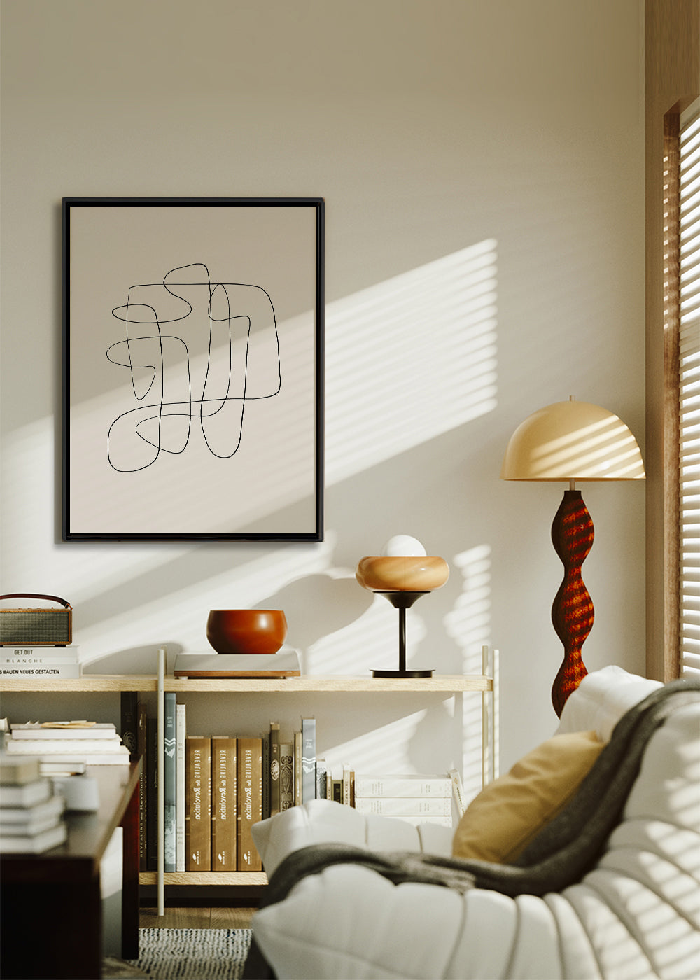 Minimalistyczny design z ciągłą linią na beżowym tle