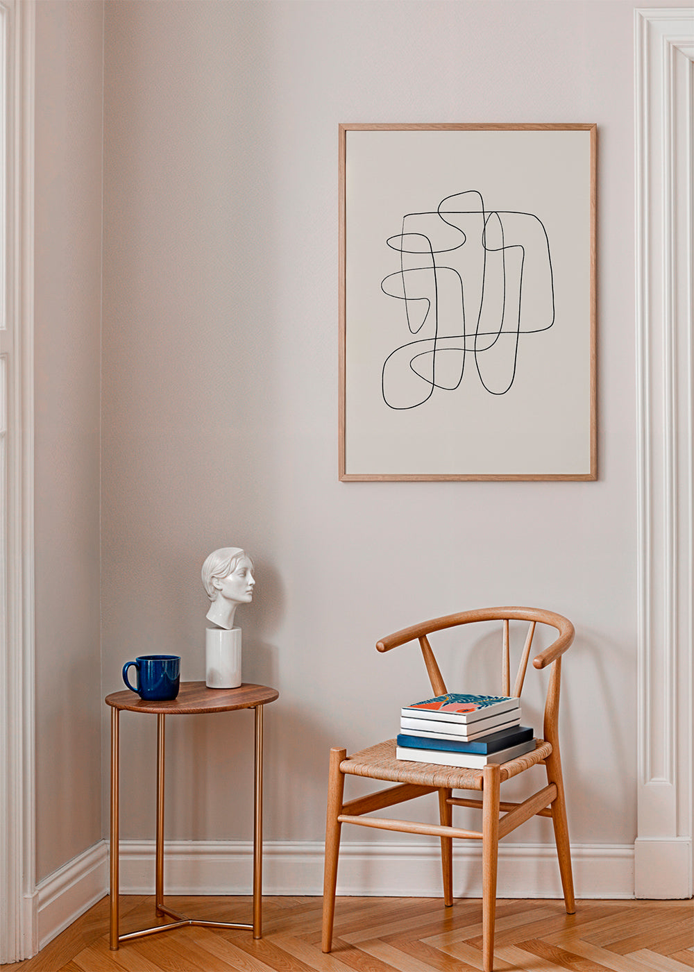 Minimalistyczny design z ciągłą linią na beżowym tle