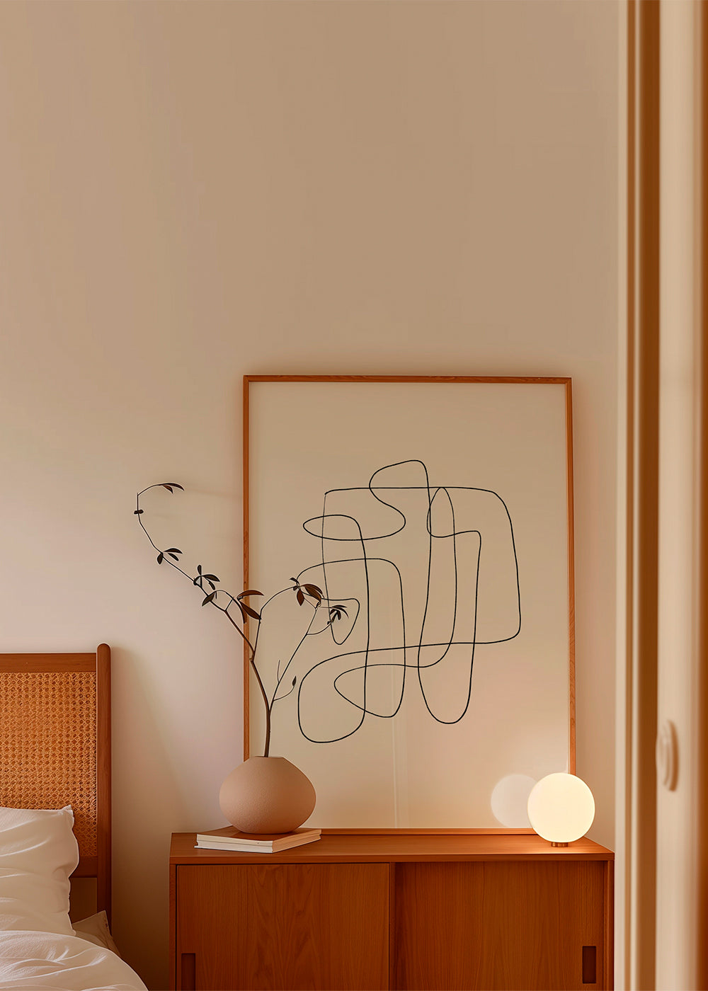 Minimalistyczny design z ciągłą linią na beżowym tle