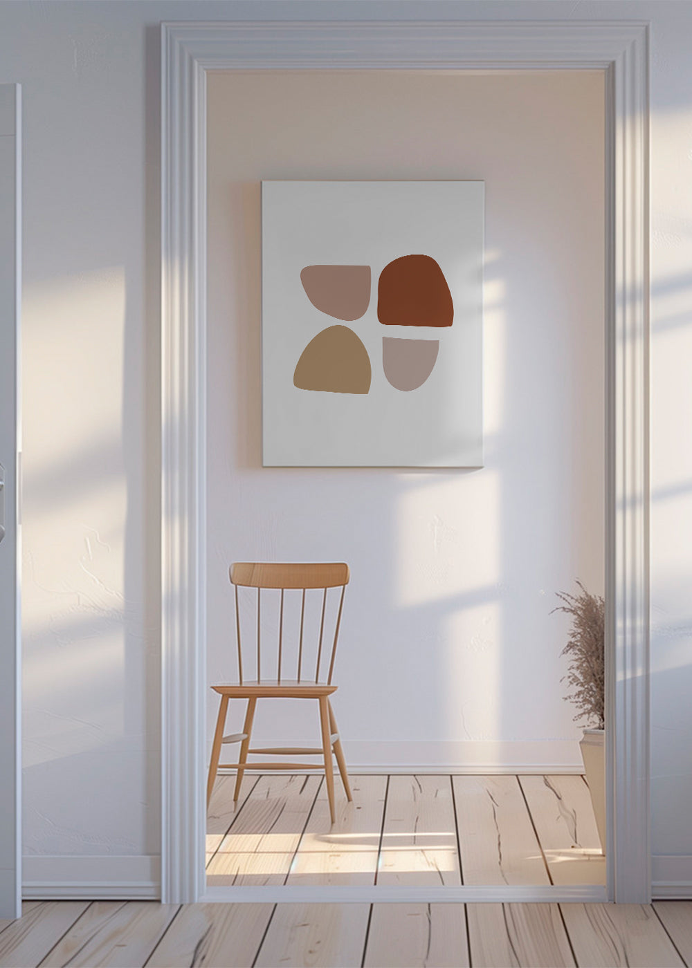 Plakat minimalistyczny z organicznymi kształtami w beżu i terakocie