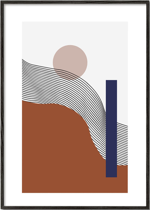 Plakat geometryczny z falistymi liniami i niebieskim blokiem