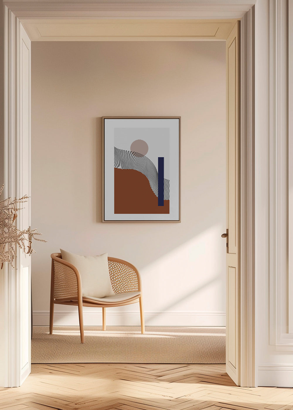 Plakat geometryczny z falistymi liniami i niebieskim blokiem