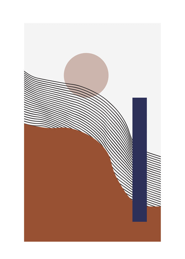 Plakat geometryczny z falistymi liniami i niebieskim blokiem
