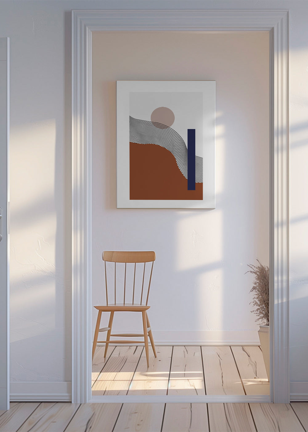 Plakat geometryczny z falistymi liniami i niebieskim blokiem
