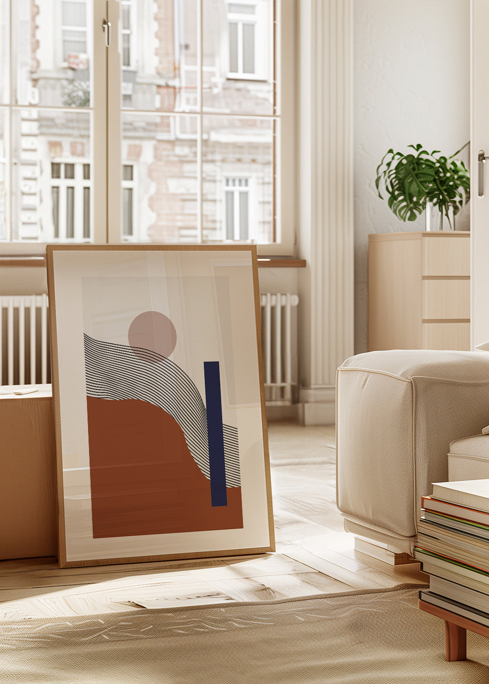 Plakat geometryczny z falistymi liniami i niebieskim blokiem