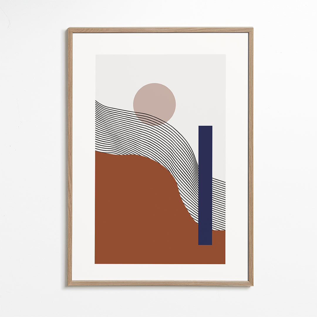 Plakat geometryczny z falistymi liniami i niebieskim blokiem