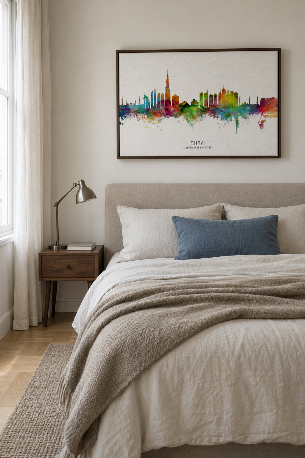 Dubai Skyline multicolor - Framed canvas in an interior