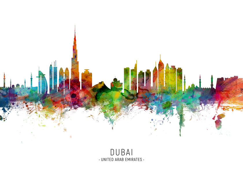 Plakat miasta Dubai skyline akwarela