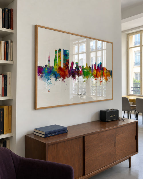 Madrid Skyline multicolor - Framed poster in an interior