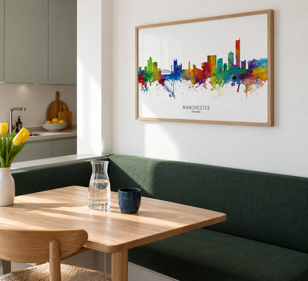 Manchester Skyline multicolor - Framed poster in an interior